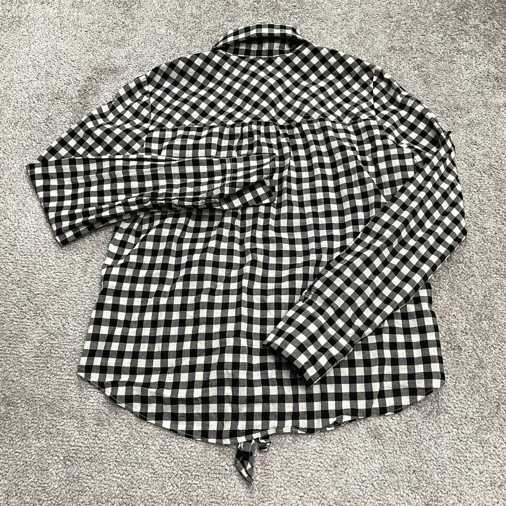 J.Crew Button Down Front Knot Shirt Womens XXS Black White Check Long Sleeve Top
